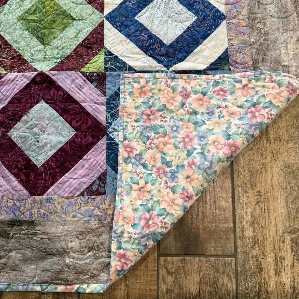 Handmade Patchwork Quilt Batik Floral Diamond Block Reversible Multi Color 57x66